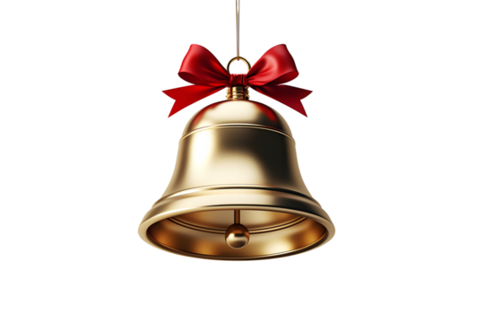 Shimmering golden bell adorned with a festive red ribbon, symbolizing joy, celebration, and holiday cheer, perfect for seasonal designs and announcements
