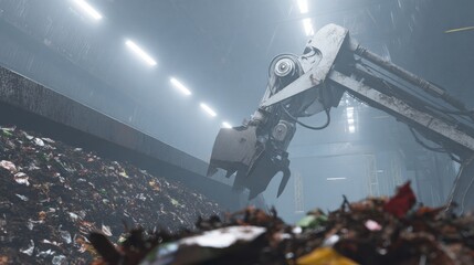 Industrial Excavator Sorting Waste In Recycling Facility. Efficient Waste Management And Environmental Sustainability