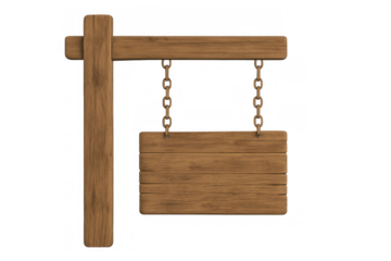 Hanging wood signboard providing blank space for custom message on rustic post with chains, transparent background