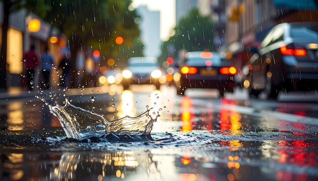 Rainy City Street Scene with Water Splash and Reflections. - Powered by Adobe