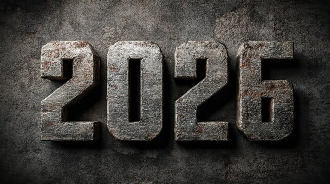 Metallic 2026 Year Displayed on Weathered Concrete Background with Industrial Texture and Rusty Finish for Creative Projects and Visual Media