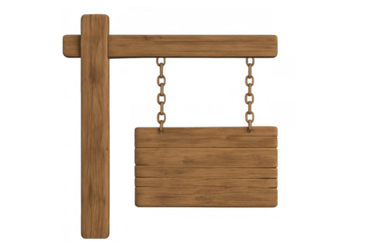 Hanging wood signboard providing blank space for custom message on rustic post with chains, transparent background