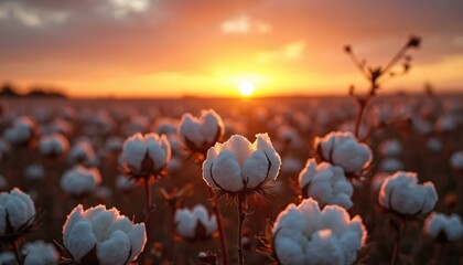 Cotton field at sunset with orange sky. White cotton flowers at the countryside field at evening. Agriculture farm blooms in summer season. Rural harvest agriculture landscape at sundown time.