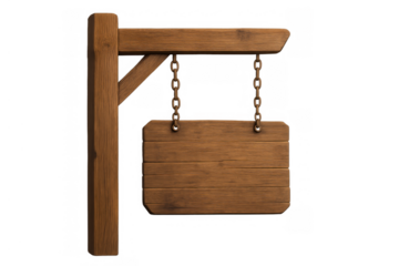 Blank wooden sign hanging from a rustic post with chains, empty signboard for messaging and information, transparent background