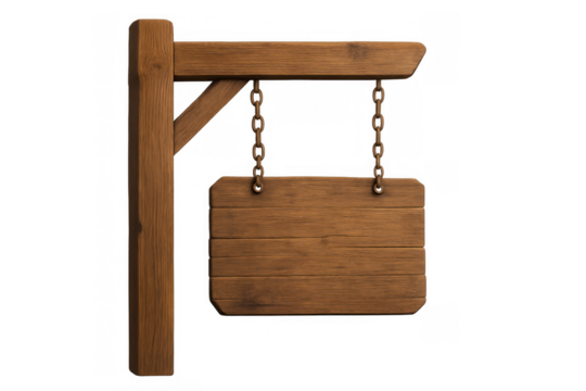 Blank wooden sign hanging from a rustic post with chains, empty signboard for messaging and information, transparent background