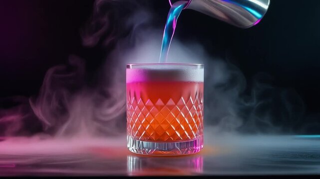 Cinematic video of futuristic mocktail with neon-colored liquid pouring into crystal glass, glowing cyber ambience