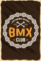 Fototapeta premium Bmx extreme sport club poster, banner, magazine template. Vector. Concept for shirt, logo, print, stamp, tee with sprocket, chain. Vintage typography design with wrench and chain silhouette.