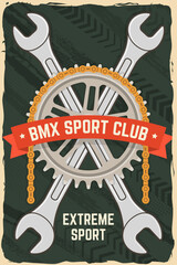 Fototapeta premium Bmx extreme sport club poster, banner, magazine template. Vector illustration. Concept for shirt, logo, print, stamp, tee with sprocket, chain. Vintage typography design with wrench, bmx sprocket and