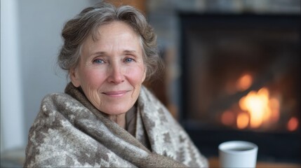 Elderly Woman Wrapped In Blanket By Cozy Fireplace. Warmth And Comfort In Winter Setting