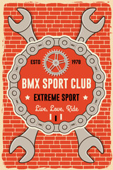 Fototapeta premium Bmx extreme sport club poster, banner, magazine template. Vector. Concept for shirt, logo, print, stamp, tee with sprocket, chain. Vintage typography design with bmx chain and sprocket silhouette.
