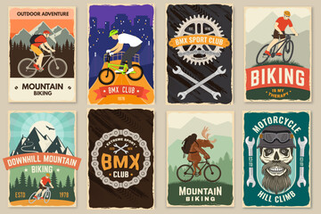 Fototapeta premium Bmx extreme sport club and Mountain biking retro poster, banner, magazine template. Vector illustration. Concept for shirt, logo, print, stamp, tee with man ride on a sport bicycle. Vintage typography