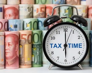 Tax time concept. Showing a clock with the words tax time placed on rolled banknotes representing finance payment deadline accounting business economy planning and financial responsibility for individ