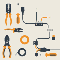 Flat design illustration of various electrical tools and wiring components for repair and installation.