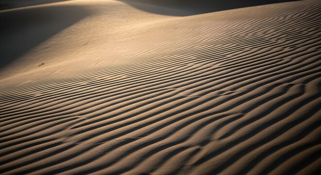 Close-up of rippled sand dunes in a desert landscape at sunset.