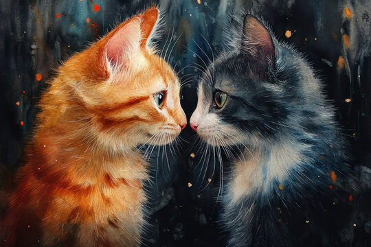 A watercolor illustration of two kittens standing nose to nose. A ginger tabby and a gray-and-white fluffy kitten gaze intently at each other against a dark, artistic background. - Powered by Adobe