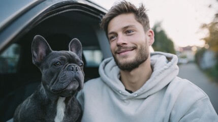 Man With French Bulldog In Car Window. Enjoying A Relaxing Drive Together