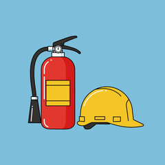 A red fire extinguisher and a yellow hard hat, essential safety equipment for industrial and construction environments.