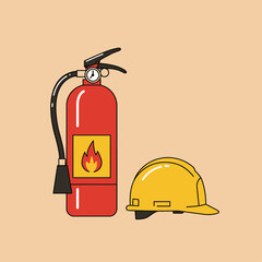 Illustration of a red fire extinguisher and a yellow hard hat, representing safety and protection in industrial and construction environments.