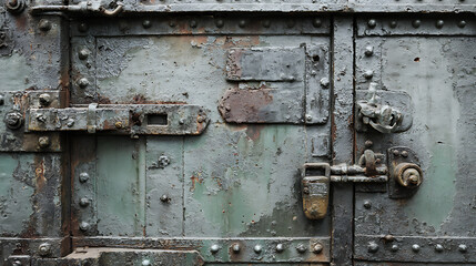 Heavily weathered riveted metal door with multiple locks and latches industrial texture
