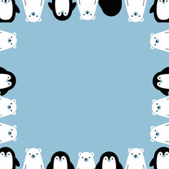 A light blue background framed by cute cartoon polar bears and penguins, creating a playful border.