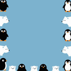 A cute cartoon border of black penguins and white polar bears on a light blue background, facing inwards.