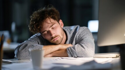 Fototapeta premium Man Sleeping At Desk In Office At Night. Exhaustion From Overwork And Late Hours
