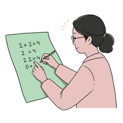 A person wearing glasses diligently writing math equations on a green paper with a pencil.