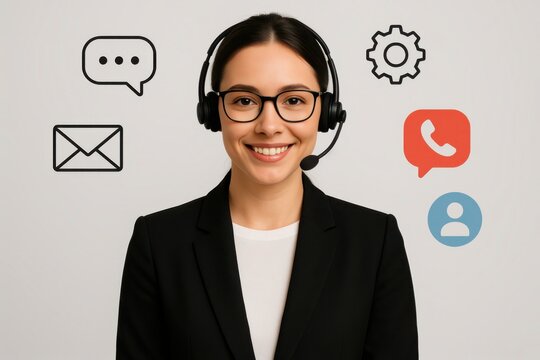 Customer Support Specialist: A professional and friendly customer service representative, radiates approachability and expertise. She is equipped with a headset, symbolizing her commitment to connect.