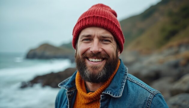 Happy Caucasian man with beard smiles. Wears red knit hat, orange sweater, blue denim jacket. Man stands on rugged, rocky seashore with ocean waves, green hills. Enjoys outdoor travel adventure,