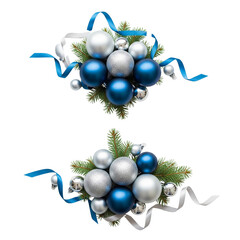 Two festive christmas ornaments with blue and silver baubles and greenery