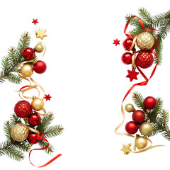 Festive christmas garland with red and gold ornaments on white background