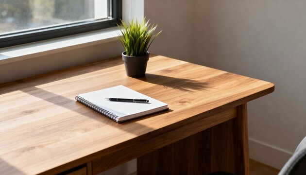 Wooden desk with notebook and pen near window. Empty paper notepad on table in home office with sunlight and shadows. Copy space for text