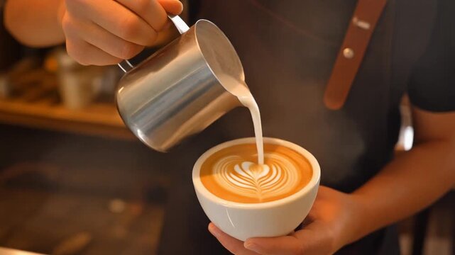 Ultra-HD cinematic video of barista pouring silky latte art into cappuccino, warm cozy caf&eacute; atmosphere