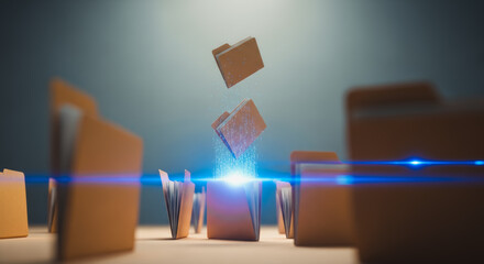 Digital documents float in a captivating composition of light, embodying the essence of data, information, and storage. The visual design captures innovation.