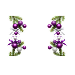 Festive purple and silver christmas ornaments on pine branches