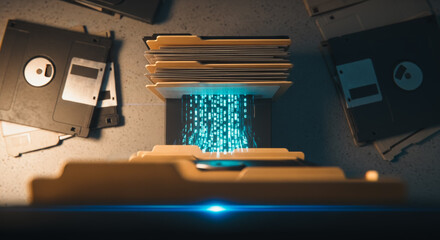 Data files float in digital space above a collection of outdated floppy disks and file folders, a powerful symbol of information, data, and the ever-evolving world of technology.