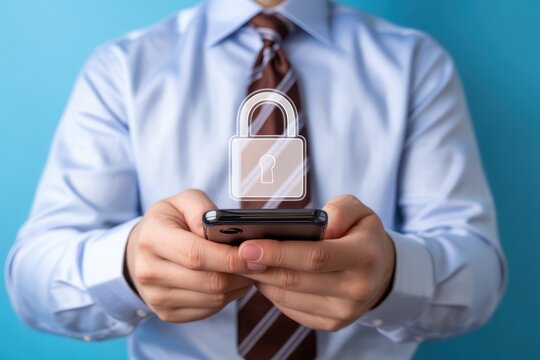 Man holding smartphone with digital padlock overlay representing mobile security concept online safety