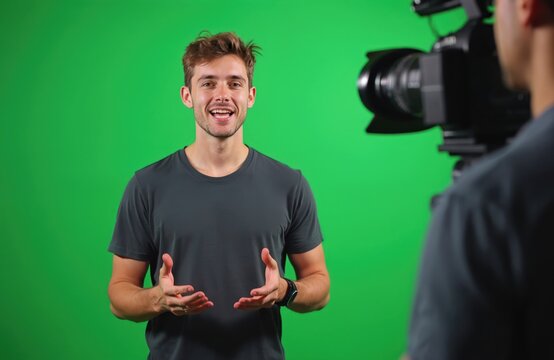 Man speaks into camera on green screen background. Person gestures with hands open. Male presents in front of chroma key. Wears dark grey t-shirt, black watch. Operator films with professional video - Powered by Adobe