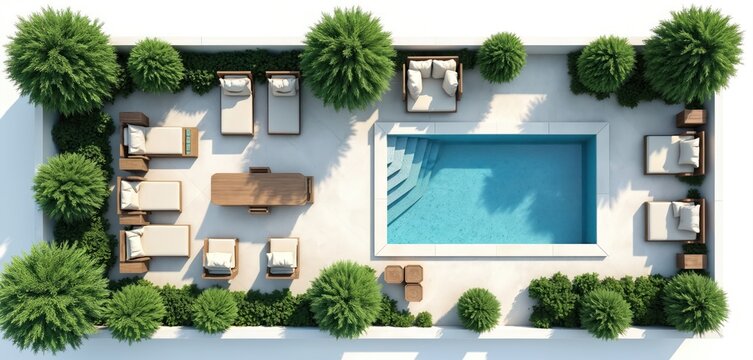 Top view of modern terrace design featuring pool green bushes outdoor furniture. Lounge area with sunbeds tables and chairs. Stylish residential garden layout with contemporary design elements.