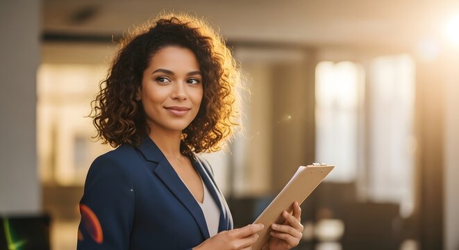 Confident professional woman in a navy blazer holding a clipboard, smiling softly in a warm sunlit office environment.