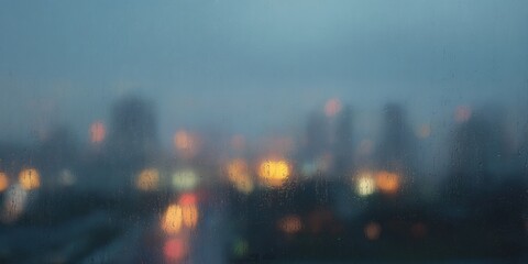 Cityscape Through Rain-Soaked Window At Dusk. Urban Tranquility And Blurred Lights Create A Serene Atmosphere