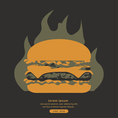A minimalist flat design illustration of a hot cheeseburger with flames on a dark background.