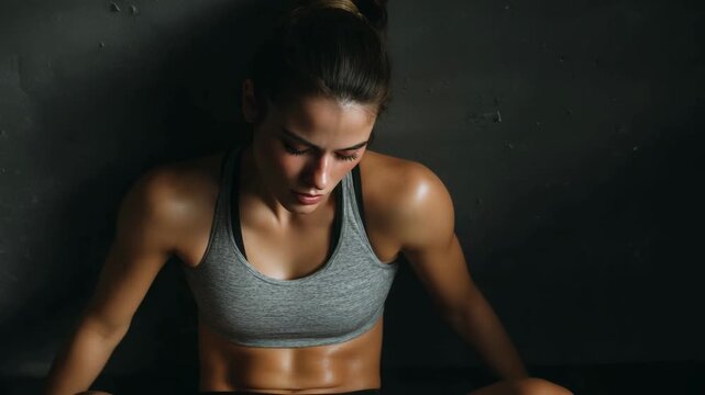 Woman in sportswear taking break, sweat dripping from face, muscles tense