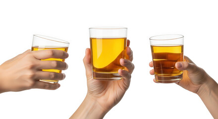 Three hands holding glasses of amber beverage isolated on transparent background