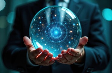 Man in suit holds glowing orb with abstract digital network inside. Represents future vision, data analysis, and business planning. Offers insight into tech and progress.