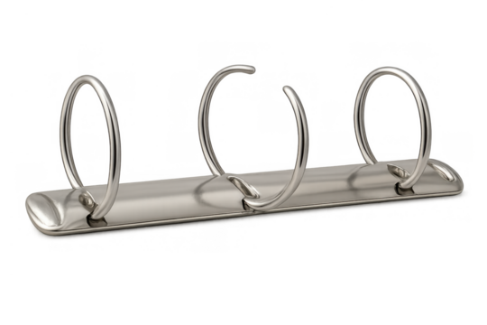Three metal binder rings mechanism for document organization and office stationery, isolated with transparent background