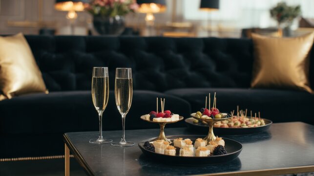 Elegant Lounge Setting With Champagne And Hors D'Oeuvres. Luxurious Atmosphere For Social Gatherings