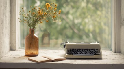 Vintage Typewriter And Wildflowers On Rustic Windowsill. Nostalgic Writing Inspiration