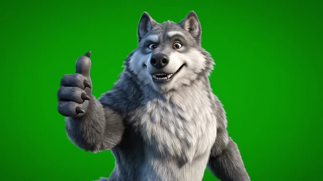 Smiling Wolf Character Giving Thumbs Up on Green Screen for Positive Reinforcement