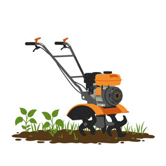 A motor cultivator or walk-behind tiller tilling the soil in a garden with green plants.
